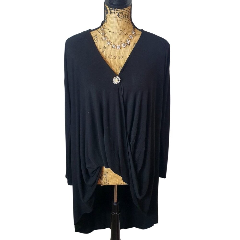 Cato Womens Draped Blouse L Black High Low Oversized Brooch Goth Chic Work Luxe